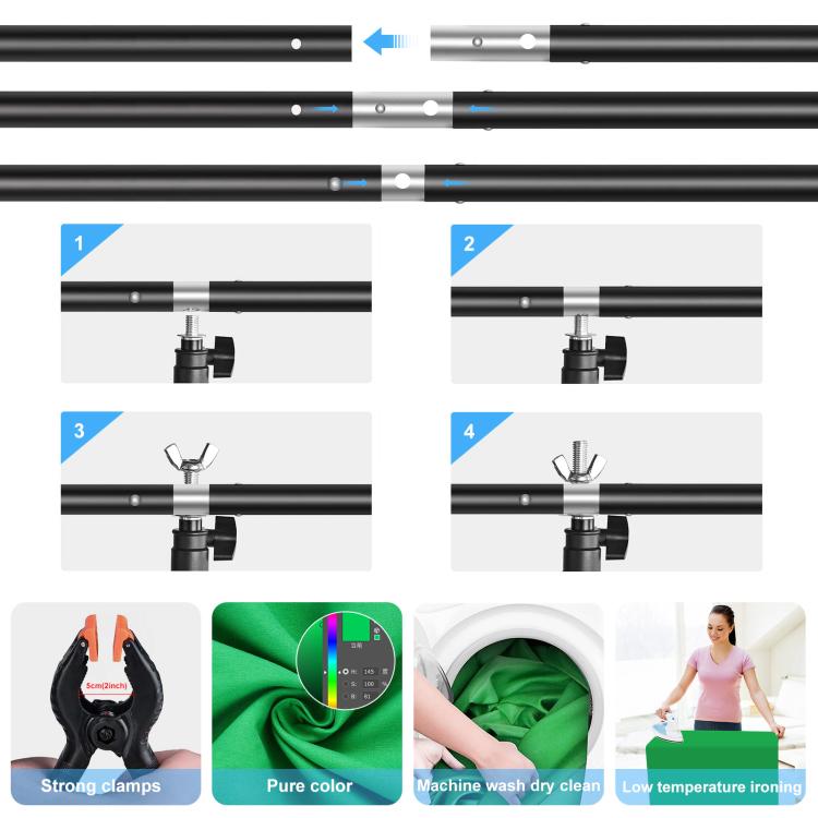 PULUZ 1x2m Kit staffa traversa per fondale per studio fotografico a forma di T, supporto per sfondo con clip, 1 x 2m Bracket Kit