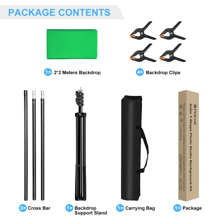 PULUZ 2x2m Kit staffa traversa per fondale per studio fotografico a forma di T, supporto per fondale con clip