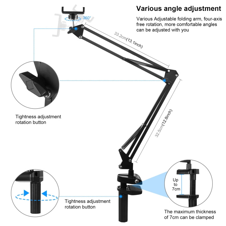 Supporto per braccio articolato da tavolo per trasmissione in diretta PULUZ con morsetto per telefono, Phone Clamp
