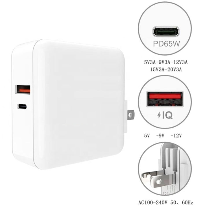A6 65W QC 3.0 USB + PD USB-C / Type-C Adattatore per laptop con doppia ricarica rapida + 2 m USB-C / Type-C a USB-C / Type-C Set di cavi dati per MacBook Series,, US Plug, US Plug + EU Plug, US Plug + AU Plug, US Plug + UK Plug�������������������������...