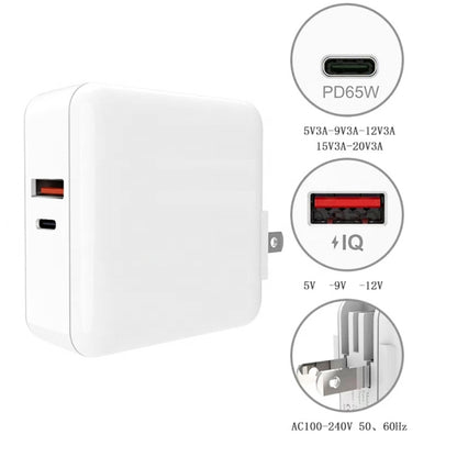 A6 65W QC 3.0 USB + PD USB-C / Type-C Adattatore per laptop con doppia ricarica rapida + 2 m USB-C / Type-C a USB-C / Type-C Set di cavi dati per MacBook Series,, US Plug, US Plug + EU Plug, US Plug + AU Plug, US Plug + UK Plug�������������������������...