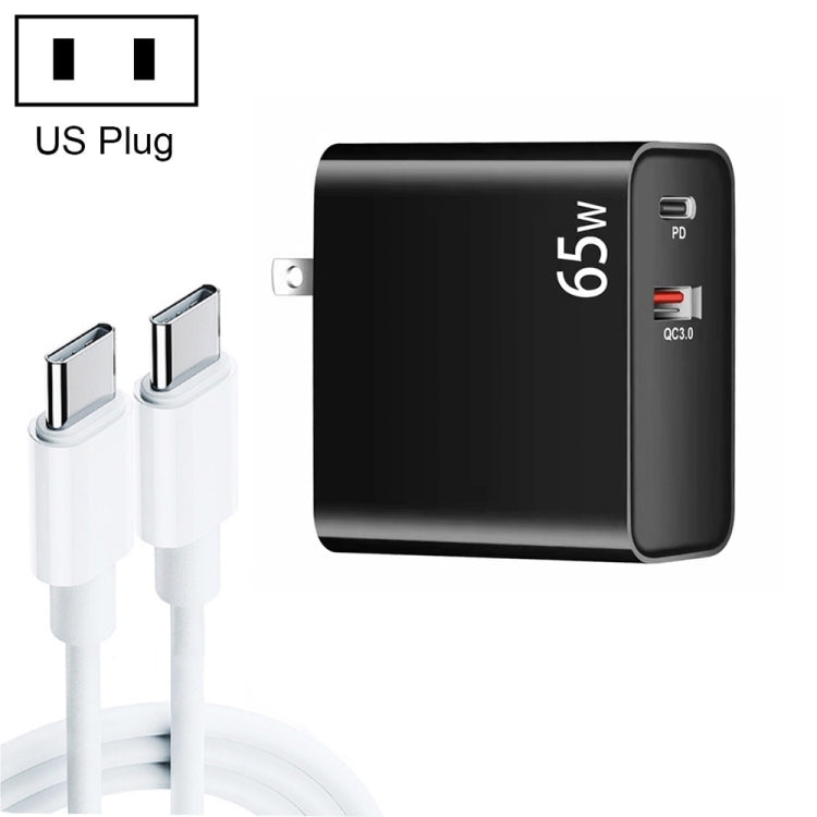 PD-65W USB-C / Tipo-C + QC3.0 adattatore di ricarica per laptop USB + set di cavi dati da USB-C/tipo-C a USB-C/tipo-C da 2 m, spina USA, USB-C / Type-C Cable, US Plug