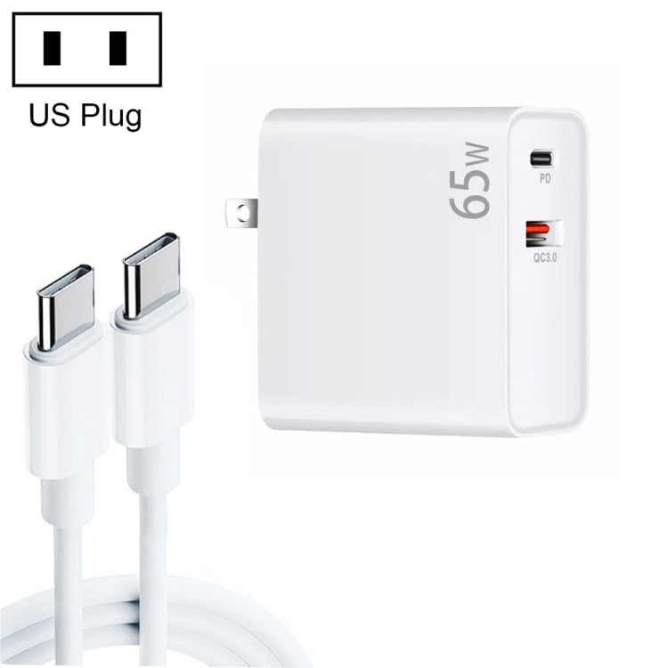 PD-65W USB-C / Tipo-C + QC3.0 adattatore di ricarica per laptop USB + set di cavi dati da USB-C/tipo-C a USB-C/tipo-C da 2 m, spina USA, USB-C / Type-C Cable, US Plug