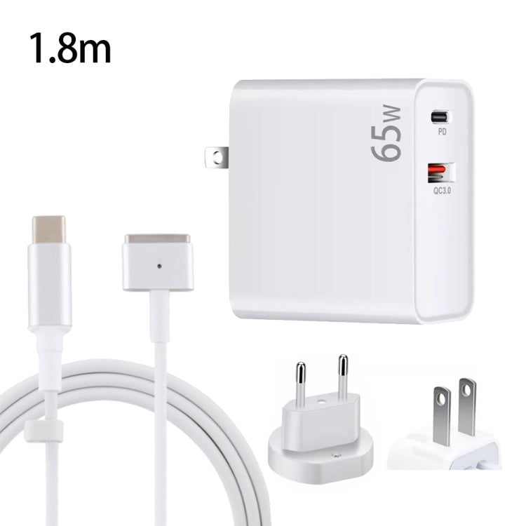 PD-65W USB-C / Tipo-C + QC3.0 Adattatore di ricarica per laptop USB + Cavo dati da USB-C / Type-C a MagSafe 2 / T da 1,8 m, spina europea / spina americana, MagSafe 2 / T Cable, EU Plug / US Plug