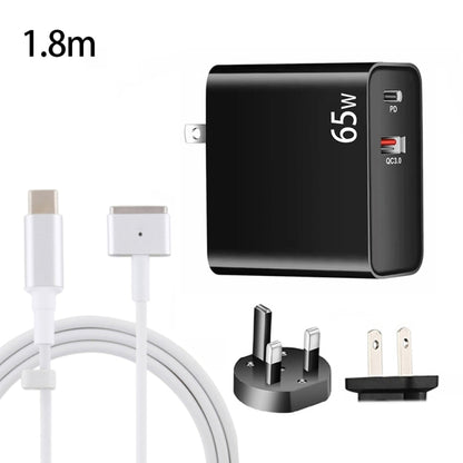 PD-65W USB-C / Tipo-C + QC3.0 adattatore di ricarica per laptop USB + cavo dati USB-C / Type-C da 1,8 m a MagSafe 2 / T Head, spina UK / spina USA, MagSafe 2 / T Cable, UK Plug / US Plug