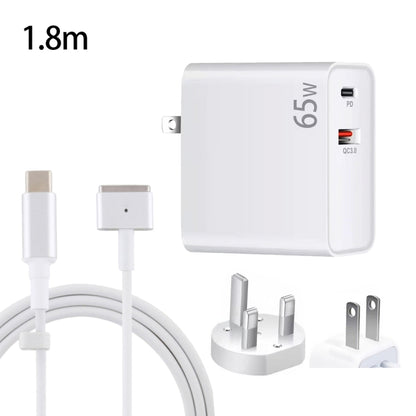 PD-65W USB-C / Tipo-C + QC3.0 adattatore di ricarica per laptop USB + cavo dati USB-C / Type-C da 1,8 m a MagSafe 2 / T Head, spina UK / spina USA, MagSafe 2 / T Cable, UK Plug / US Plug