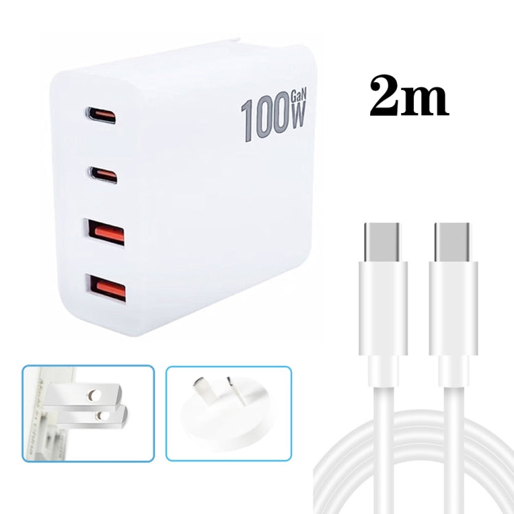 GaN 100 W Dual USB + Dual USB-C/Type-C Caricatore multiporta con cavo dati da 2 m da Type-C a Type-C, US Plug, US / EU Plug, US / UK Plug, US / AU Plug, US / EU / UK Plug, US / EU / UK / AU Plug