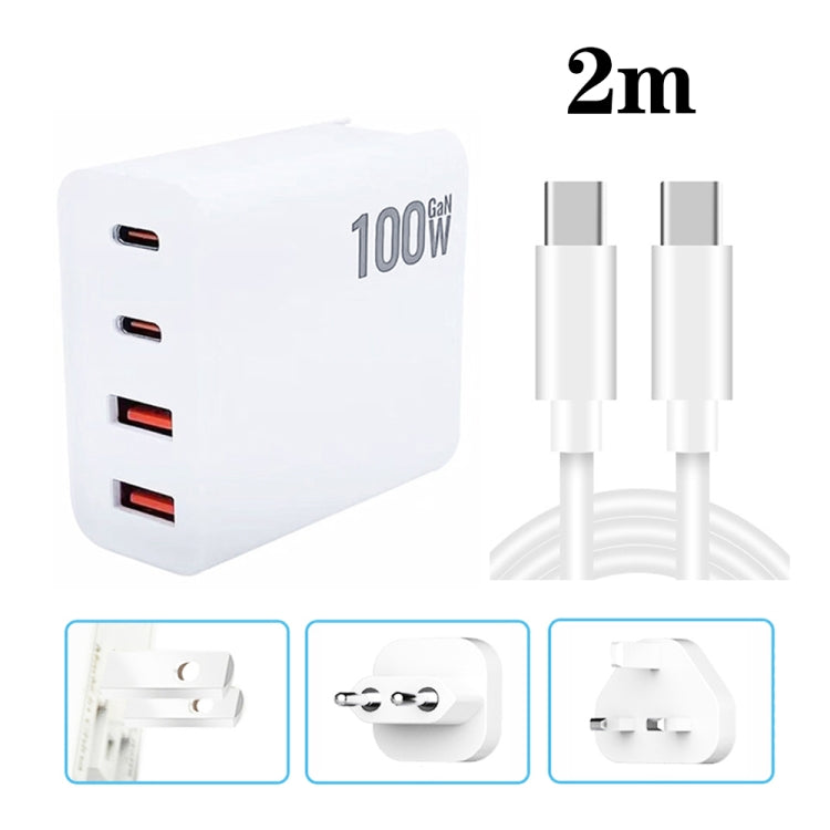 GaN 100 W Dual USB + Dual USB-C/Type-C Caricatore multiporta con cavo dati da 2 m da Type-C a Type-C, US Plug, US / EU Plug, US / UK Plug, US / AU Plug, US / EU / UK Plug, US / EU / UK / AU Plug
