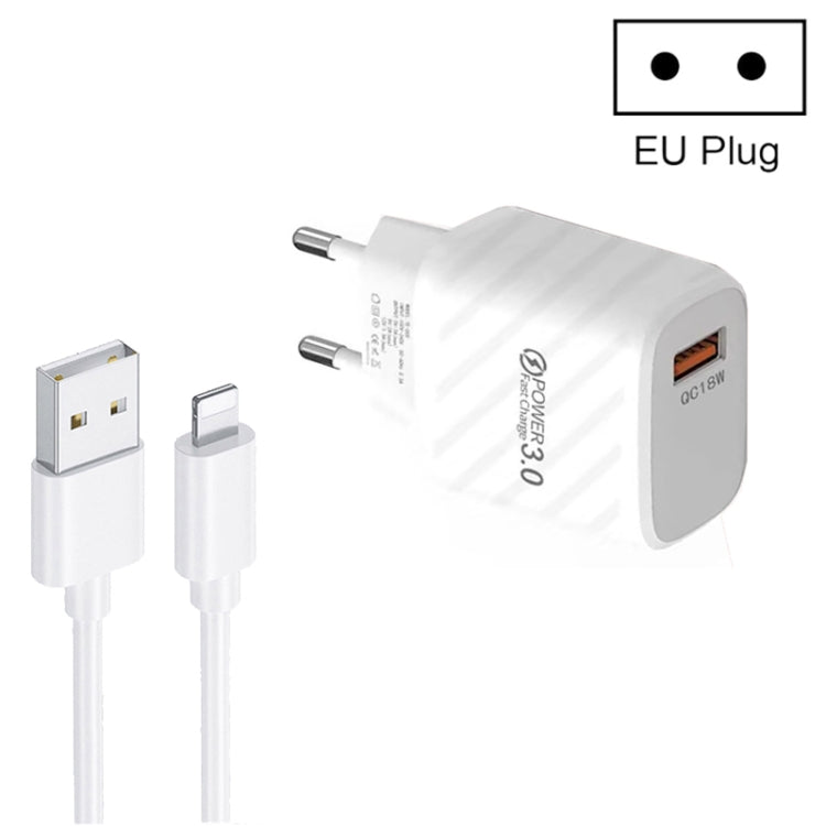 Caricabatterie rapido USB TE-005 QC3.0 da 18 W con cavo da USB a 8 pin da 3 A da 1 m, spina europea, EU Plug + 8 Pin Cable
