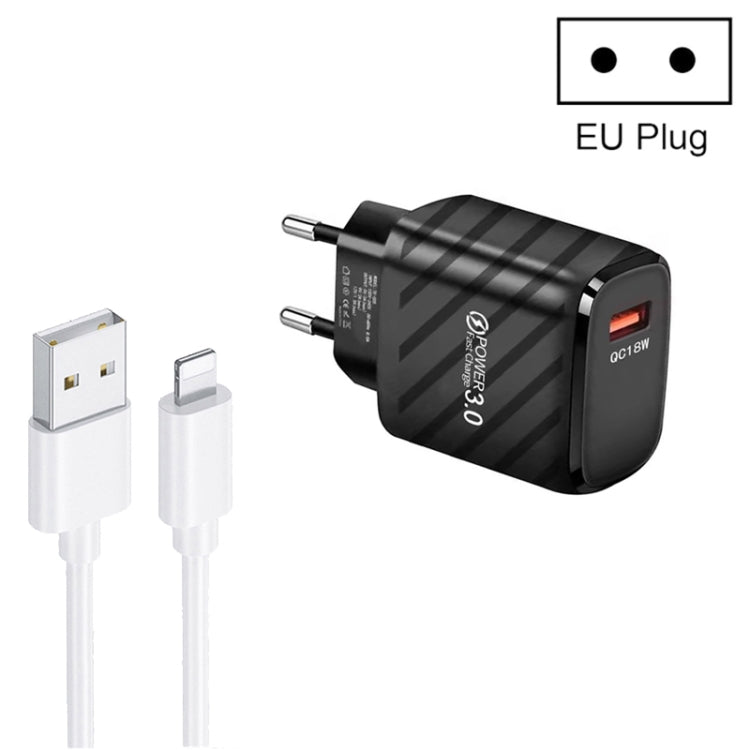 Caricabatterie rapido USB TE-005 QC3.0 da 18 W con cavo da USB a 8 pin da 3 A da 1 m, spina europea, EU Plug + 8 Pin Cable