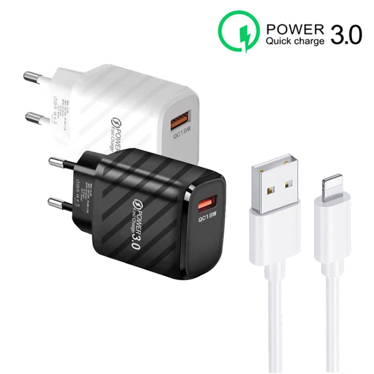 Caricabatterie rapido USB TE-005 QC3.0 da 18 W con cavo da USB a 8 pin da 3 A da 1 m, spina europea, EU Plug + 8 Pin Cable
