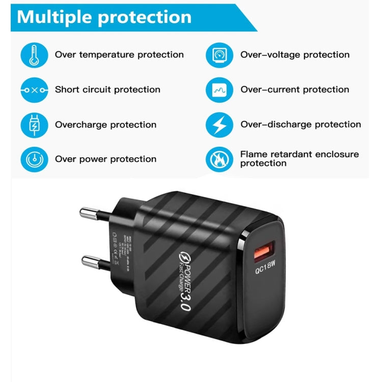 Caricabatterie rapido USB TE-005 QC3.0 da 18 W con cavo da USB a 8 pin da 3 A da 1 m, spina europea, EU Plug + 8 Pin Cable