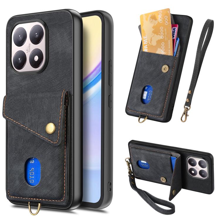 Custodia per telefono in pelle pieghevole con portafoglio per carte retrò con cinturino, For Redmi 15C 5G / 4G Glodal 171mm, For Xiaomi 15T, For Redmi K80 Pro / Poco F7 Ultra, For Redmi K80 / Poco F7 Pro