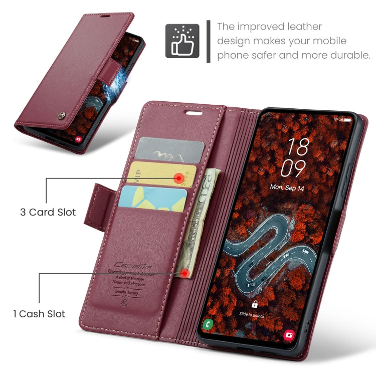 CaseMe 023 Custodia per telefono in pelle antifurto con fibbia a farfalla e texture Litchi RFID, For Samsung Galaxy S24 FE 5G