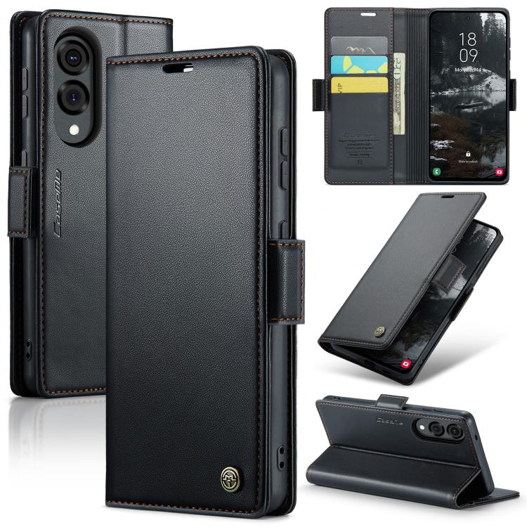 CaseMe 023 Custodia per telefono in pelle antifurto con fibbia a farfalla e texture Litchi RFID