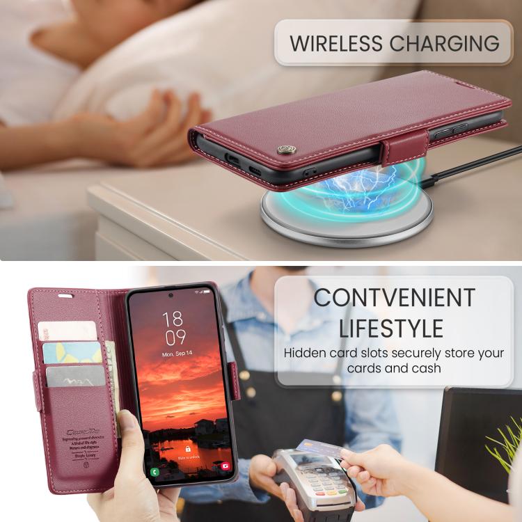 CaseMe 023 Custodia per telefono in pelle antifurto con fibbia a farfalla e texture Litchi RFID