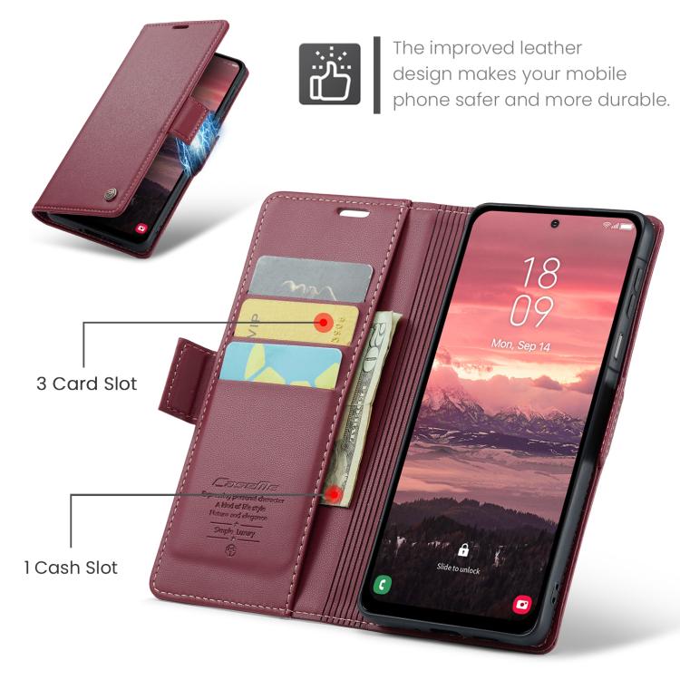 CaseMe 023 Custodia per telefono in pelle antifurto con fibbia a farfalla e texture Litchi RFID, For Galaxy A17