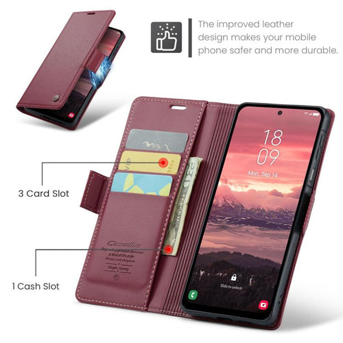CaseMe 023 Custodia per telefono in pelle antifurto con fibbia a farfalla e texture Litchi RFID, For Galaxy A17