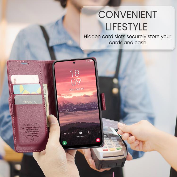 CaseMe 023 Custodia per telefono in pelle antifurto con fibbia a farfalla e texture Litchi RFID, For Galaxy A17
