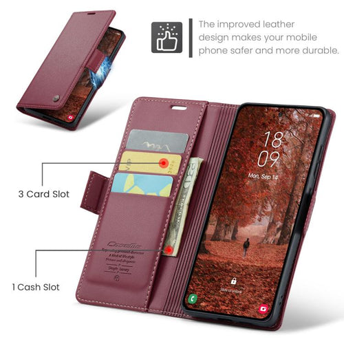 CaseMe 023 Custodia per telefono in pelle antifurto con fibbia a farfalla e texture Litchi RFID, For Galaxy S26+ 5G, For Galaxy S26 Ultra 5G, For Galaxy S26 5G, For Galaxy A57 5G