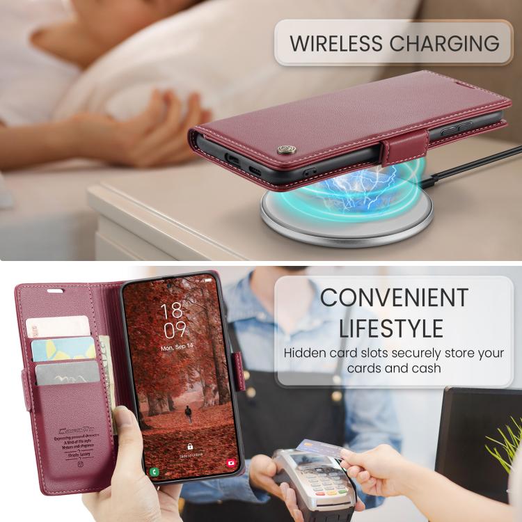 CaseMe 023 Custodia per telefono in pelle antifurto con fibbia a farfalla e texture Litchi RFID, For Galaxy S26+ 5G, For Galaxy S26 Ultra 5G, For Galaxy S26 5G, For Galaxy A57 5G