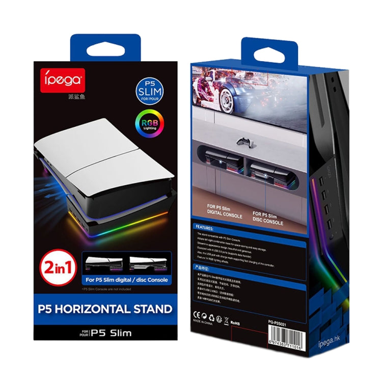 Per Sony PS5 Slim IPEGA PG-P5S021 Supporto orizzontale host luce RGB con 4 HUB USB, White